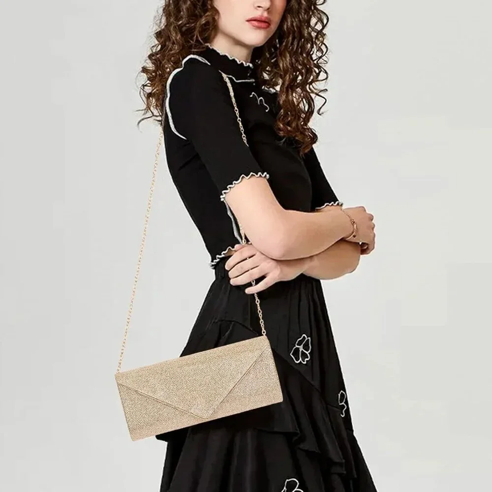 Women's Champagne Gold Sparkling Envelope Bag With Detachable Chain Clutch Purse